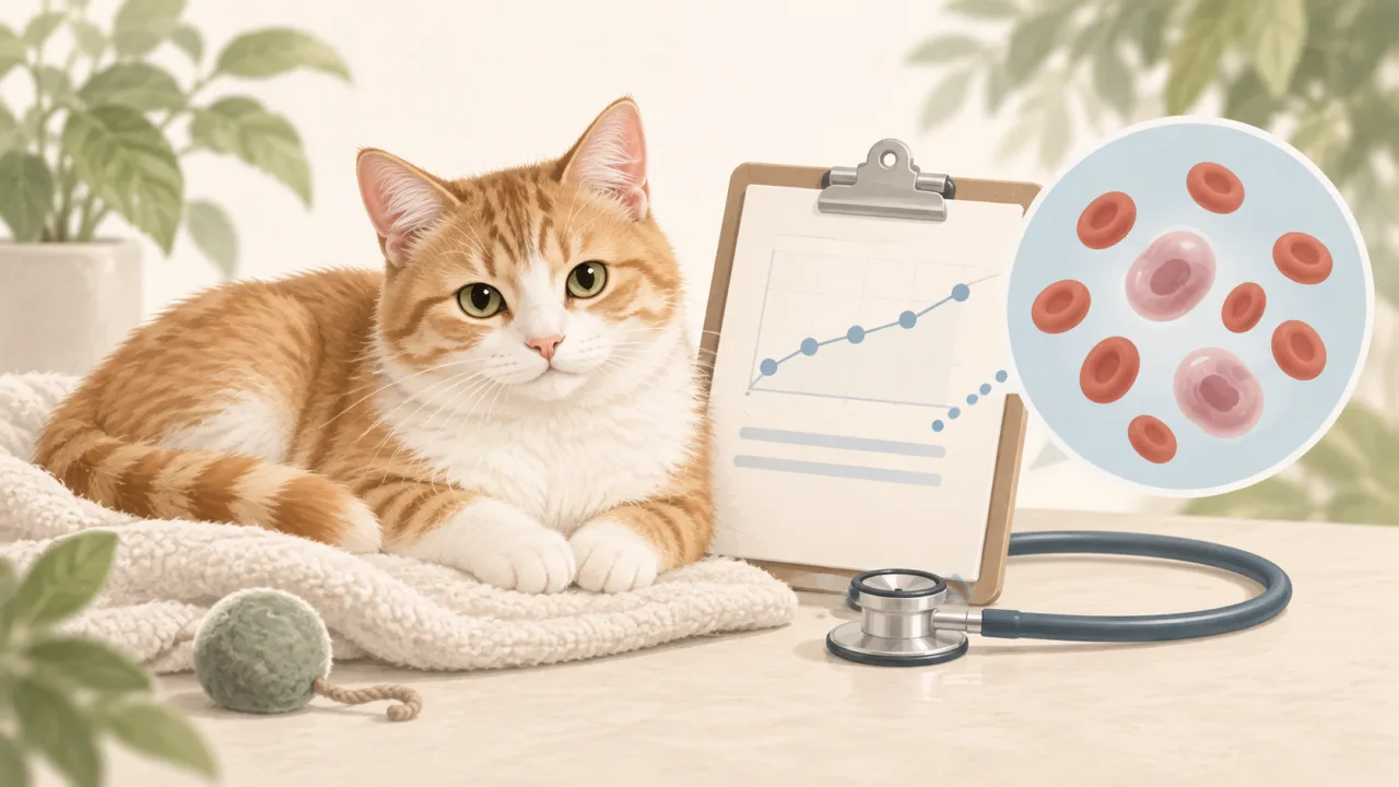 Cat with blood-cell motif and a blank monitoring chart