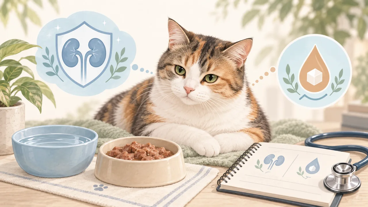 Senior cat with food, water and kidney and glucose motifs