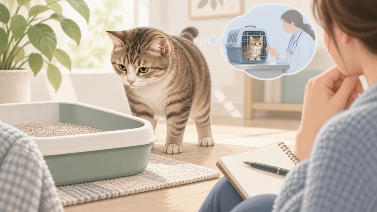 Cat approaching a litter tray with an observation notebook