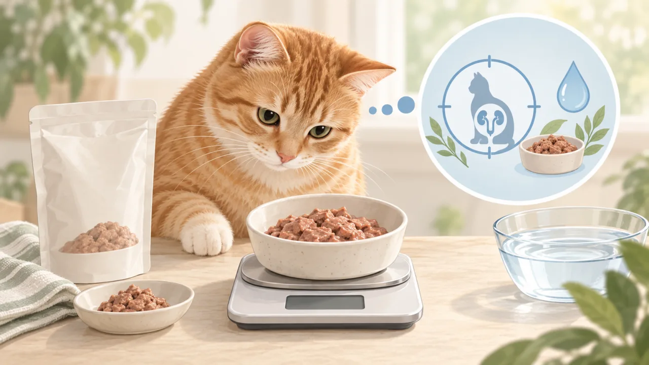 Cat beside a measured wet-food meal