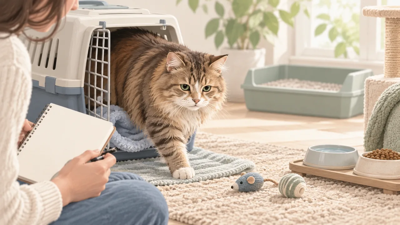 Cat returning home from a carrier with a follow-up notebook