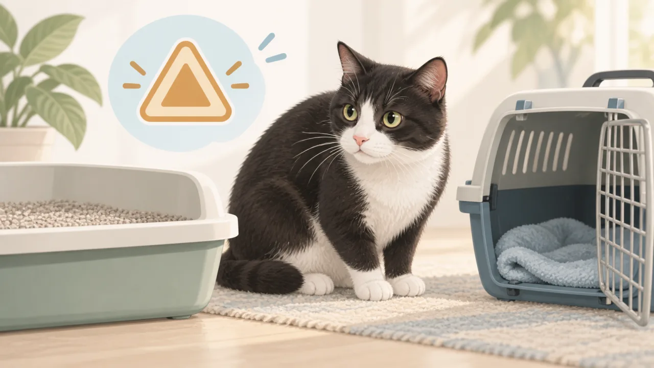 Cat, litter tray and a ready carrier for urgent veterinary care