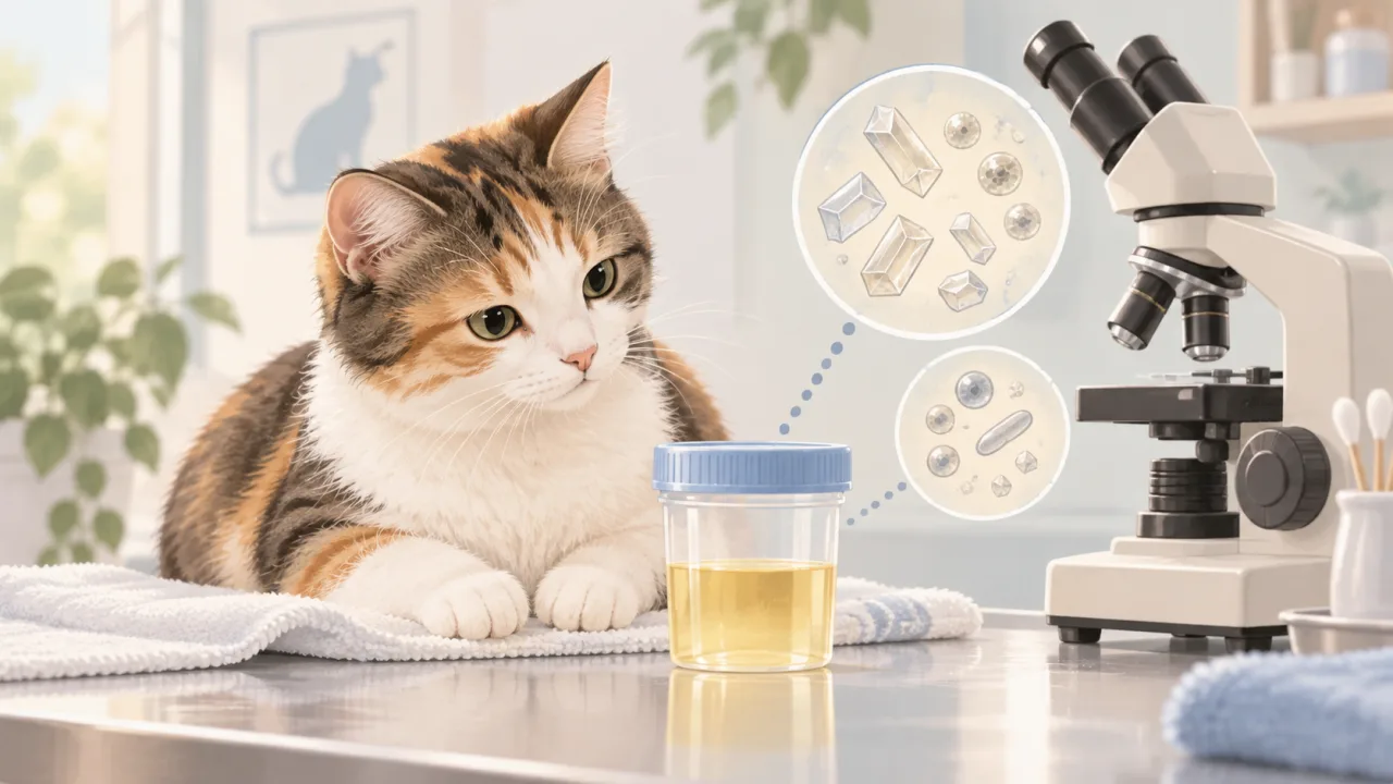 Cat, sealed urine sample and microscope