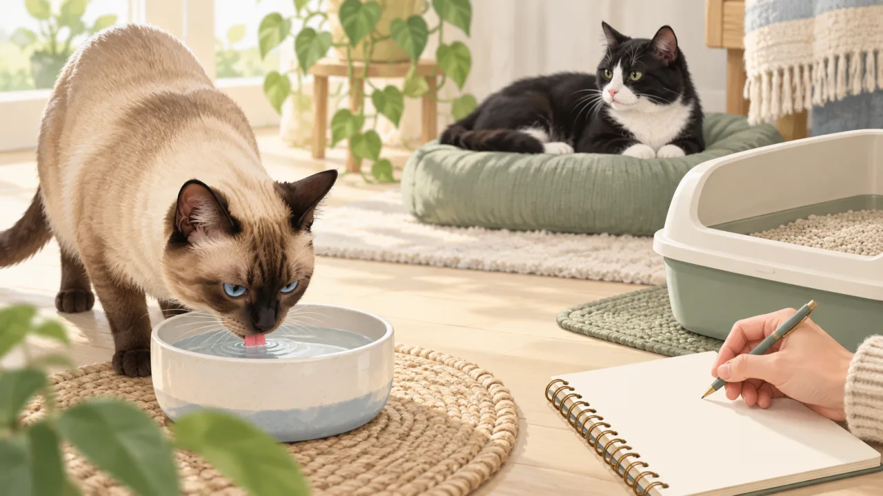 Two cats, drinking water and a recording notebook