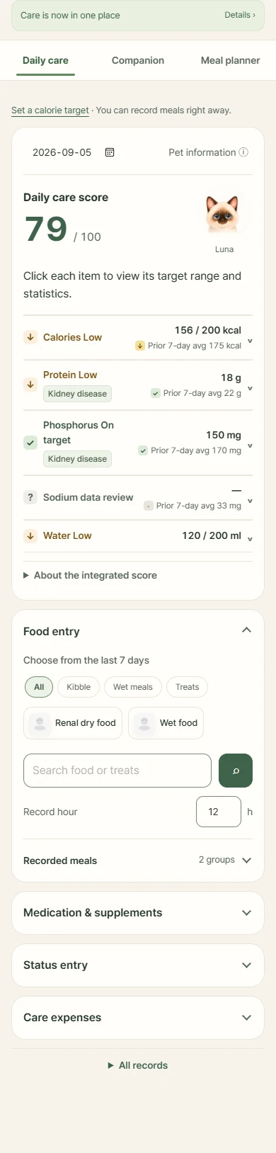 Daily care: real interface with sample data