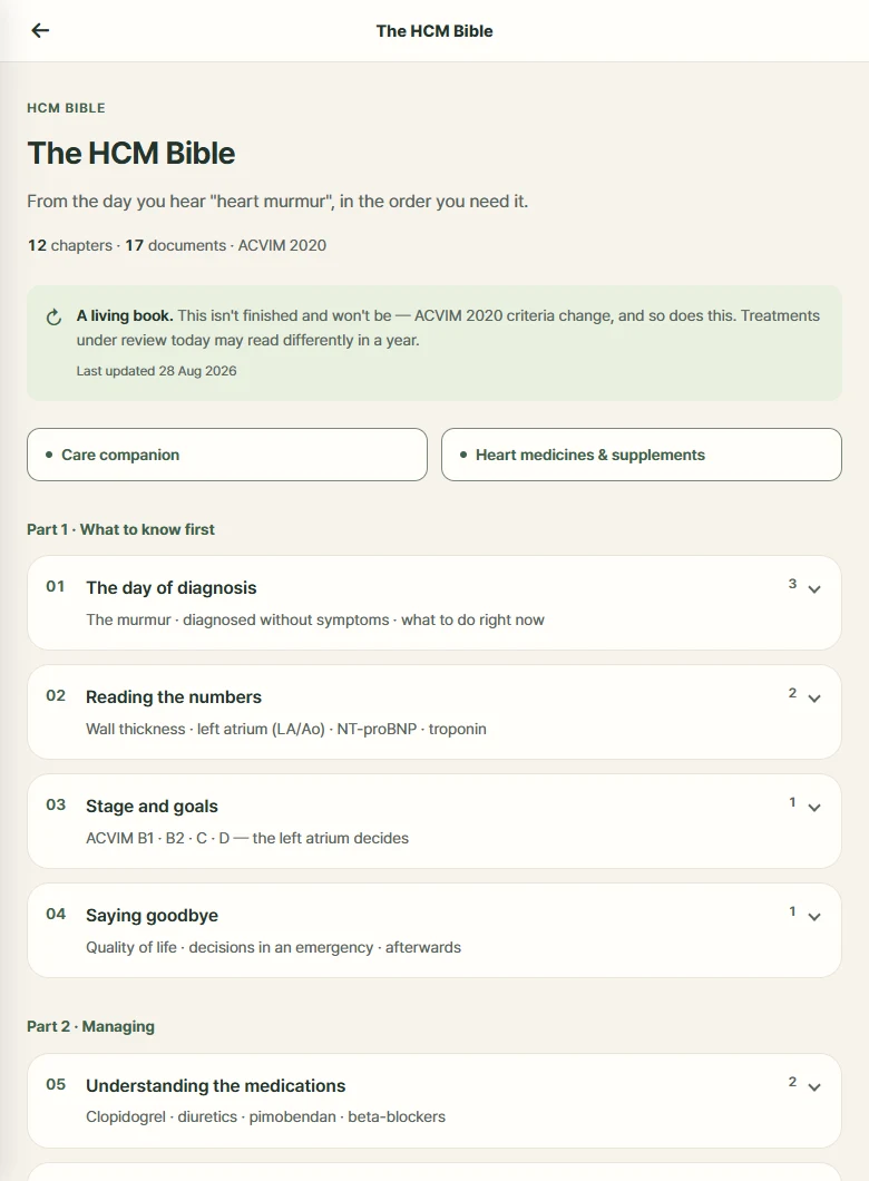 HCM bible contents: diagnosis, heart test values, stages and medicines.