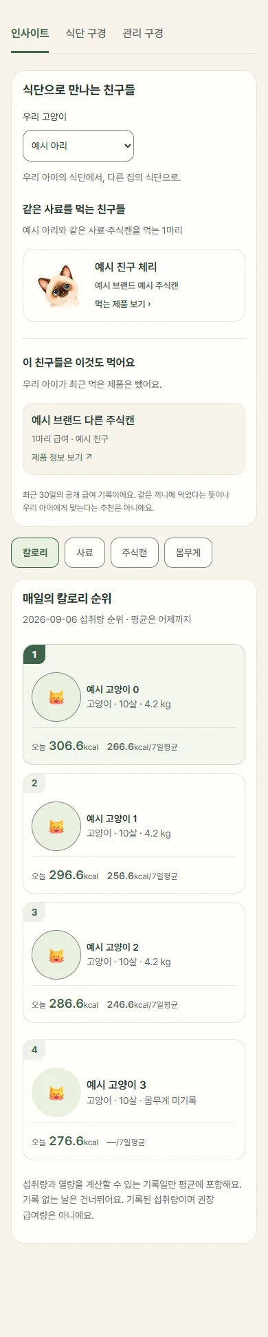 같은 사료를 먹는 친구들 · 실제 UI / 테스트 데이터